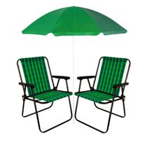 2 Cadeiras Praia Alta Camping Xadrez Oliva + Guarda-Sol FPS 70 Em Aço Pintado 1,80m Poliéster Com Silvercoating Grande