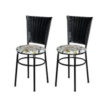 2 Cadeiras Pretas para Mesa Hawai Preta Com Assento Floral