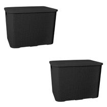 2 Caixas Organizadoras Cesto Multiuso 26 Litros Preto Branca Com Tampa Empilhavel Rattan