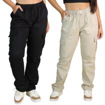 2 Calça Cargo Feminina Parachute Larga Sarja Moda Blogueira