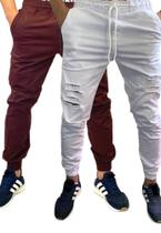 2 calças jogger moda masculina elastano com cordao punho lisa e rasgada