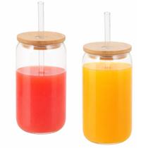 2 Canecas Copo Vidro Com Canudo Vidro e Tampa De Bambu 570ml