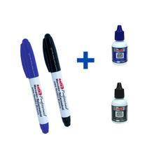 2 Canetas Recarregáveis + 2 Tintas de Pincel Quadro Branco - Kit Marcador com Tinta Refil