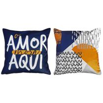 2 Capas Almofada Frases e Folhagens Azul Amarelo 45x45