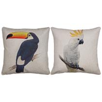 2 Capas Almofada Linho Bege Pássaros Tucano Cacatua 43x43 cm