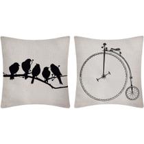 2 Capas Almofada Linho Passarinhos Bicicleta Retrô 43x43 cm