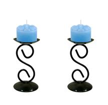 2 Castiçal 1 S Com Vela Azul Claro Mesa Decoração Candelabro