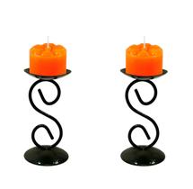 2 Castiçal 1 S Com Vela Laranja Mesa Decoração Candelabro