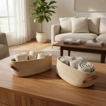 2 Cestos Organizador Cesto Oval em Algodão Trançado Alças em material sintético Design Moderno para Banheiro Quarto Sala Escritório Closet Multiuso