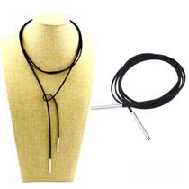 2 Chokers Colar Longo Preto Pingente Prateado Camurça Cordão Preto 2 Chokers Colar Longo Preto Pingente Prateado Camurça Cordão Preto