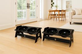 2 Comedouros Para Gatos e Cães Bebedouro Elevado em MDF Com 2 Tigelas Preto