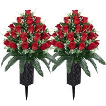 2 conjuntos de flores de cemitério artificiais LVXINLI com vaso de 47 cm vermelho
