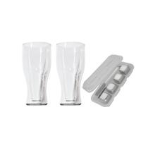 2 Copos de Vidro Dupla Parede com Forma de Garrafa + 4 Cubos de Gelo de Inox com Pegador