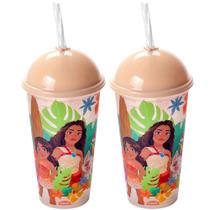 2 Copos Estampados Moana 500ml para meninas com Tampa e Canudo Plasútil