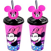 2 Copos Minnie Rosa Canudo Orelhas p/ Refrigerante Original