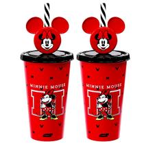 2 Copos Orelhas Minnie Vermelho 500ml Estampado para Refrigerante Suco Infantil