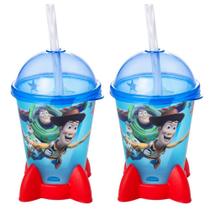 2 Copos Toy Story de Foguete Infantil Tampa e Canudo 280ml Woody e Buzz Astronauta