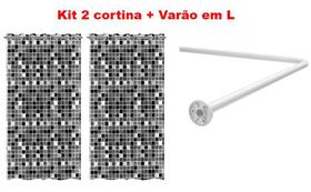 2 Cortina Box Pastilha Preta + Suporte Varão Banheiro em L