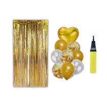 2 Cortinas 9 Balões Coração Brinde Bomba de Ar Dourado