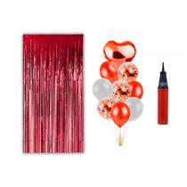 2 Cortinas 9 Balões Coração + Brinde Bomba de Ar - Vermelho