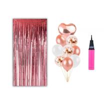 2 Cortinas e 9 Balões Coração + Brinde Bomba de Ar - Bronze