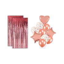 2 Cortinas Glitter e 10 Balões Coração Estrela -Bronze