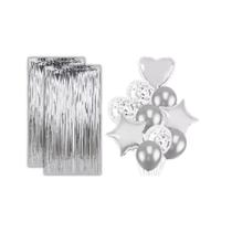 2 Cortinas Glitter e 10 Balões Coração Estrela - Prata