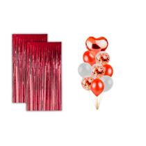 2 Cortinas Metalizadas Glitter e 9 Balões e Coração Vermelho
