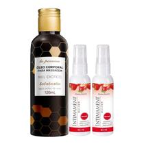2 Desodorante Spray Íntimo Morango + Óleo Beijável Mel Exótico Massagem Hidratante - Abelha Rainha / Sofisticatto