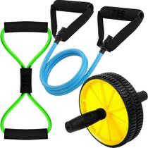 2 Elásticos para Exercicios + Roda Abdominal Corpo Fit Academia