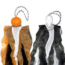 2 Enfeites de Pendurar Cabeça de Abobora e Caveira com Capa Halloween
