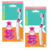 2 Escovas Dentais Rosa Infantil Steps c/ Capa Protetora Kess