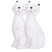 2 Esculturas de Gatinhos Cerâmica Enfeite Decoração Casa Preto Hale DEE02011 Branco