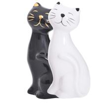 2 Esculturas de Gatinhos Enfeite Decoração Casa Cerâmica Pequeno Hale Branco Preto