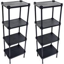 2 Estantes de Plástico Modular Multiuso 4 Prateleiras 1 Torre Preta Montável 52 Kg Qualyplas