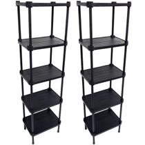 2 Estantes de Plástico Modular Multiuso 5 Prateleiras 1 Torre Preta Montável 65 Kg Qualyplas