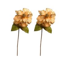 2 Galho Natalino Flor Magnolia Veludo Glitter Dourado 63Cm - Magizi