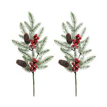 2 Galho Natalino Nevado Com Berries Vermelho E Pinhas 70cm - Magizi