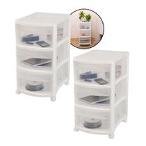 2 Gaveteiro Médio 3 Gavetas Translúcido Chão Rodinha Ordene