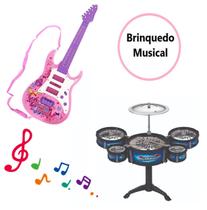 2 Instrumentos Musicais de Brinquedo Guitarra Rosa + Bateria