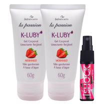 2 K-LUBY Gel Corporal pra Massagem Umectante Beijável Morango + 1 Óleo Spray Shock Plus Morango