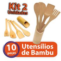 2 Kit Utensílios Bambu Espátulas Colher Pau Madeira 10 Peças Cozinha Natural Gourmet Culinário - Total Shop Mix