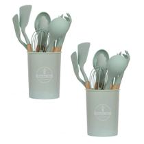 2 Kit Utensílios Cozinha Talheres Silicone Cabo de Madeira