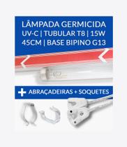 2 Lâmpadas GERMICIDA UV-C Tubular T8 15W 45cm Base G13 - Esterilização/Filtros + Soquetes + Suportes - LUCMAT LAMPS