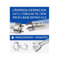 2 Lâmpadas GERMICIDA UV-C Tubular T8 30W 90cm Base G13 - Esterilização/Filtros + Soquetes + Suportes