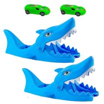 2 Lançadores e 2 Carrinhos Tubarão Whells Azul de Brinquedo