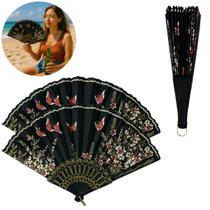 2 Leques Decorativo com Borboletas e Flores Estilo Oriental