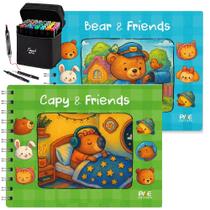 2 Livros de Colorir Capivaras Ursos Capa Dura Espiral Acetado 150G Kit Marker 48 Canetinhas Ponta Dupla