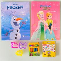2 Livros Infantis Frozen Disney Colorir + Lápis de cor e Massinha