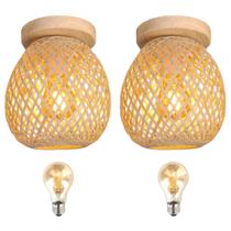 2 Luminaria Bambu Teto Artesanal Fibra Natural Nat93 + Led
